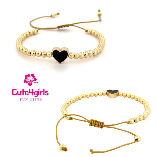Cute4Girls - Gold plated Beaded Bracelets, featuring black heart charm, Adjustable Rope Braided, boho style.