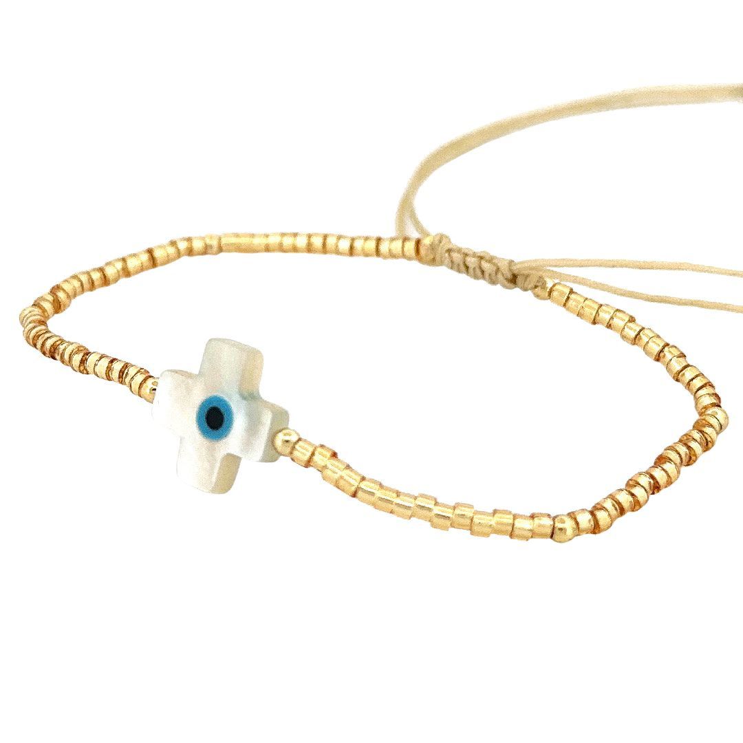 Cute4Girls Divine Gaze: Gold-Plated Beaded Bracelet with White Cross and Blue Eye Charm