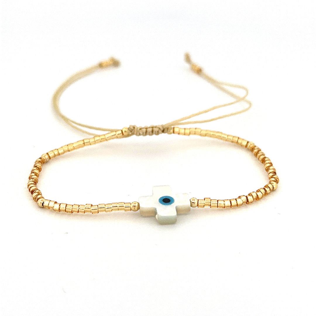 Cute4Girls Divine Gaze: Gold-Plated Beaded Bracelet with White Cross and Blue Eye Charm