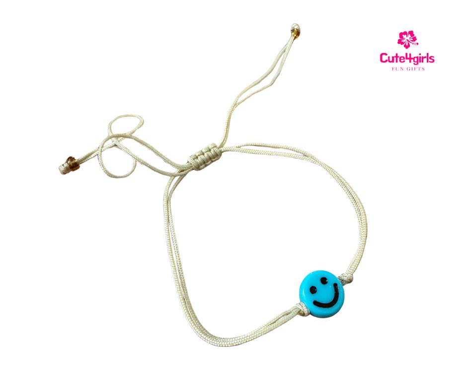 Cute4Girls Blue Smiley Face: Adjustable Rope Braided Bracelet featuring a Blue Smiley charm, adjustable boho style.