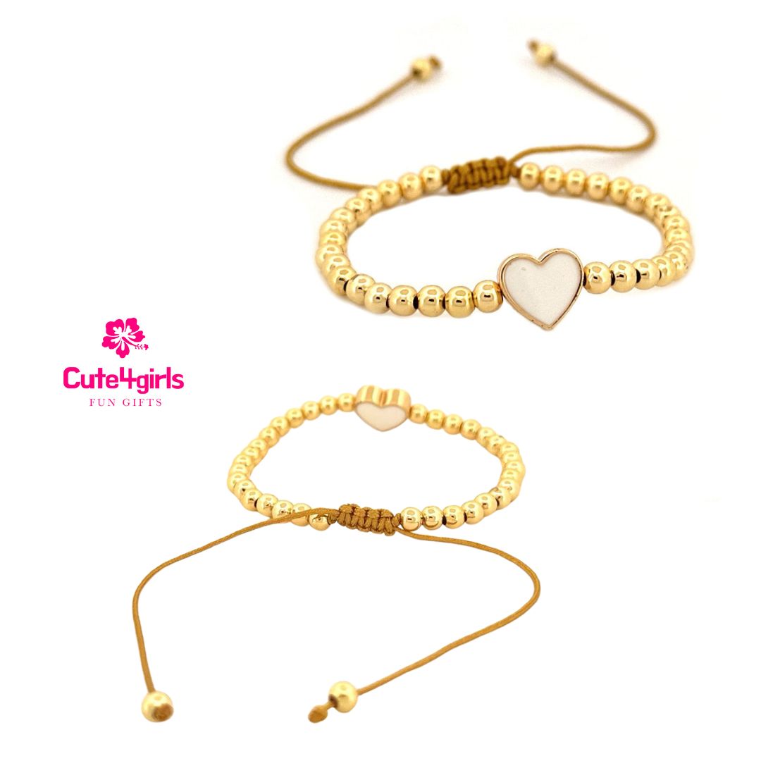 Cute4Girls - Gold plated Beaded Bracelets, featuring (black or white) heart charm, Adjustable Rope Braided, boho style.