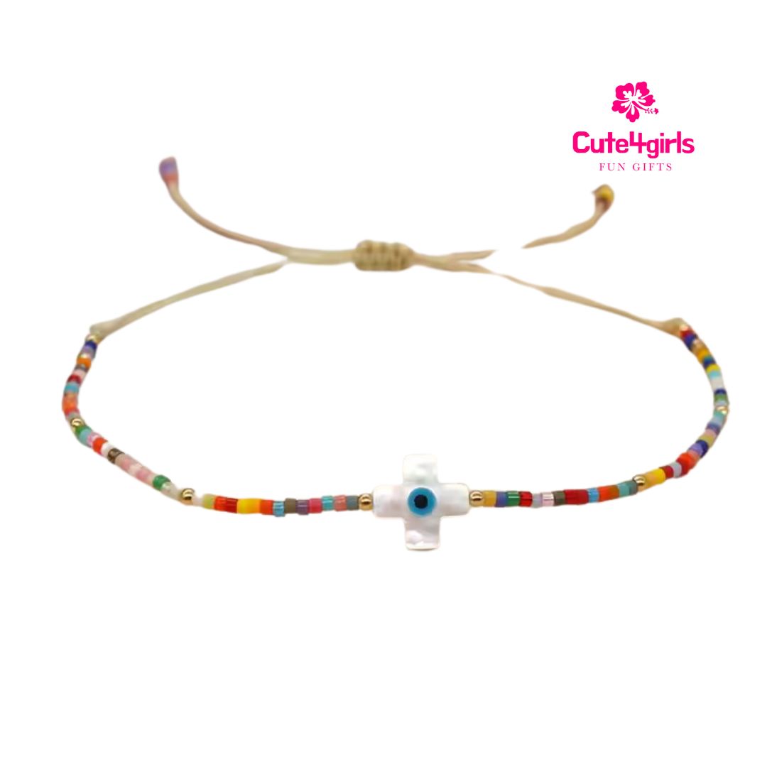 Cute4Girls Divine Gaze: Gold-Plated Beaded Bracelet with White Cross and Blue Eye Charm